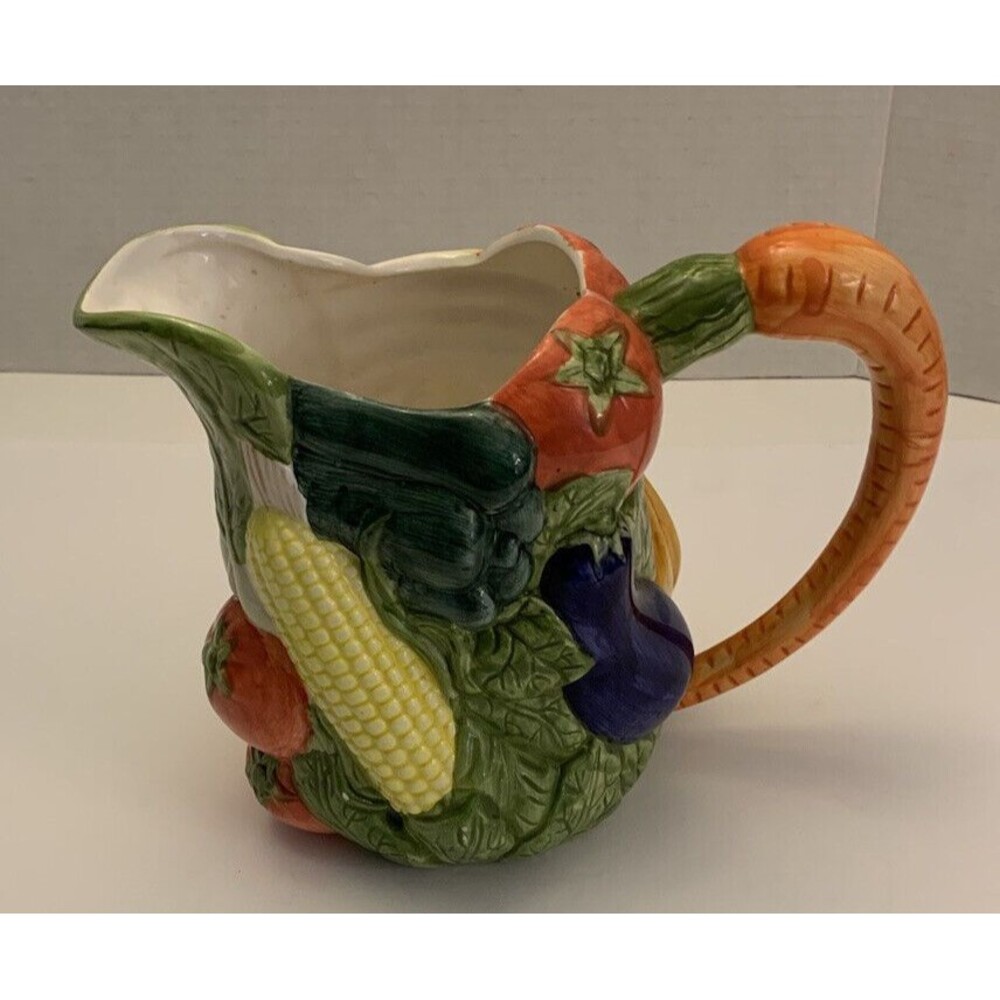 Vegetable Pitcher vtg Pottery Hand painted Corn Lettuce Carrot Tomato Squash
